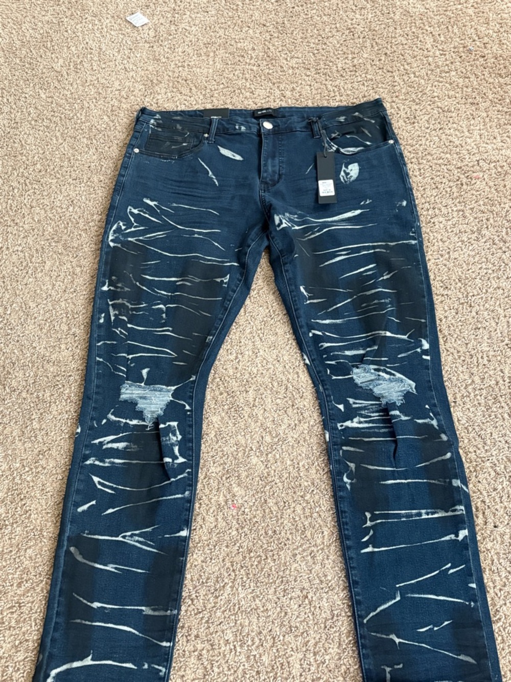 Fashion Nova Men's Skinny Distressed Dark Blue Jeans with Bleach Accents